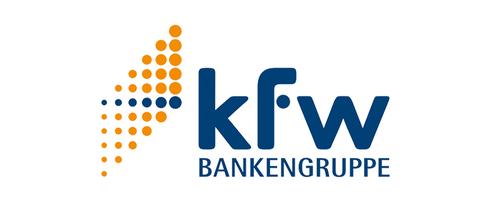 Logo der KfW Bankengruppe mit orangefarbenen Punkten und blauer Schrift.